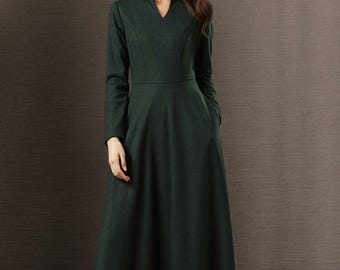 Dark green wool dress, Classic Winter Midi Wool Dress, Long wool Dress, Womens wool dress,  A-Line dress, Custom dress, Ylistyle C4943