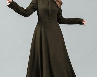 Emerald Green Wool Wrap Dress With Obi Belt & Pockets, Fall Winter Clothing 