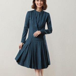 Peacock Blue Linen Dress: Long Sleeve Pleated Knee Length Design, Ylistyle c3239