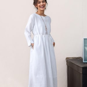 Weißes Leinen Maxi Kleid - Lässiges Langarm Kleid mit Kordelzug Taille, Leinen Kleid, Sommerkleid, Loose Fit Kleid, Kleid nach Maß, Ylistyle C4617