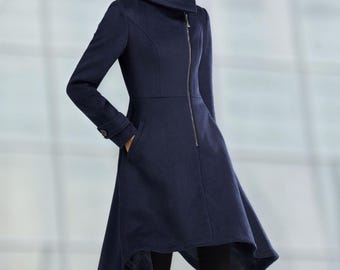 Blue Asymmetrical Wool Coat, Winter Warm Coat, Womens Wool Jacket
