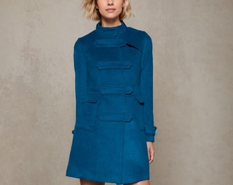 ネイビーブルーのコート、ウールコート、暖かい冬用コート、ミディ