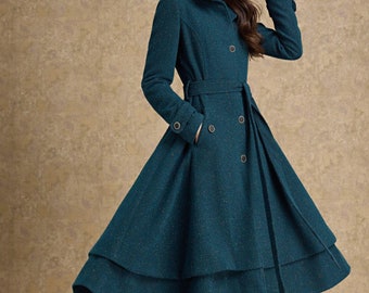 ❤️美品 ルスーク ネイビーアシンメトリーロールカラー ウールコート 36 S メランジウール ショートビーバー ロングコンバーチブルカラー