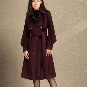 Wool coat, Burgundy coat women, Midi wool coat, Loose fit coat, Wool coat with belted, Winter Warm Coat, Handmade Coat, ylistyle C4491