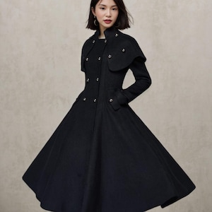 Casaco de lã, Casaco longo de lã, Casaco de lã feminino, Casaco preto, Casaco de inverno, Casaco swing, Casaco linha A, Casaco militar, Casaco feito à mão, Ylistyle C4421
