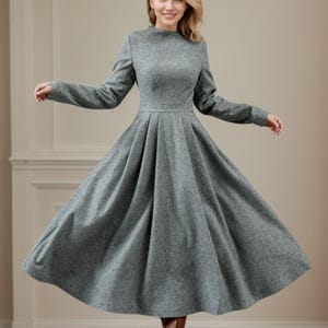 Wool Dress, Swing Wool dress women, Gray pleated wool dress, Long sleeves wool dress, Warm Winter wool dress, Handmade dress, Ylistyle C4442