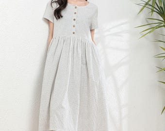 Casual house dress, Plaid Linen Dress, Summer Womens Midi Dress, Oversized Button up Linen Dress with pockets, Custom Dress, Ylistyle C4979