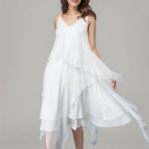 Chiffon dress, white chiffon dress, Womens Summer dress, Party dress, Asymmetrical dress, V neck dress,  Custom dress, Ylistyle C4862