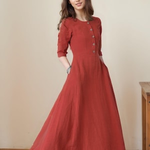 Orange Summer Long Linen Dress, Button Front Midi Dress, Half Sleeve Casual Dress, A-line Dress, Swing dress, Custom dress, ylistyle C4670