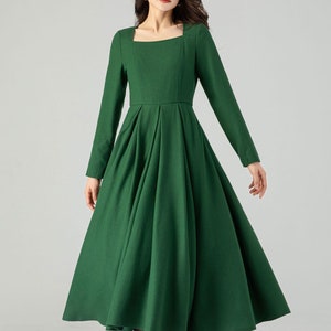 Green Dress Wool, Swing Dress, Womens Dresses, Pleated Wool Dress, Winter Dresses, Dress with Pockets, Handmade Dress, Ylistyle C3615