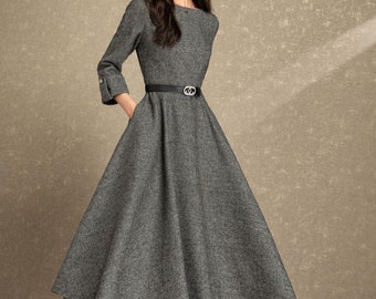 Swing wool dress women, Fit and flare dress, Grey wool dress, Midi wool dress, Warm Winter wool dress, Handmade dress, Ylistyle C4495
