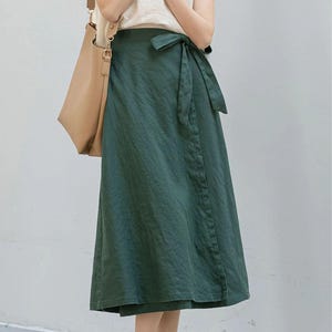 Linen skirt, Linen Midi Skirt, Wrap Linen skirt, A Line Linen Skirt, Dark Green Skirt, Elastic Waist Skirt, Handmade Skirt, Ylistyle C3202