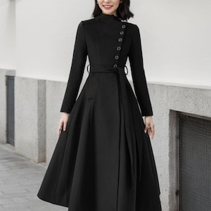 Casaco longo de lã com botões pretos, casaco de lã de inverno feminino, casaco de lã assimétrico, casaco de lã envolvente com cinto, casaco de lã personalizado, Ylistyle C4408