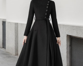 Black button Long Wool Coat, Winter Wool Coat women, Asymmetrical Wool Coat, Wrap wool coat with Belted, Custom Wool Coat, Ylistyle C4408