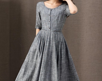 Women's Fall Linen Maxi Dress, Gray Everyday Comfortable Fit & Flare Long Dress with Half Sleeves and Button Front, Ylistyle C3916