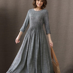 Leinenkleid, Graues Leinen Maxikleid, Damen Leinenkleid, A-Linienkleid mit Taschen, Herbst Herbst Kleid, Kleid Maßgeschneidert, Ylistyle C3948 #