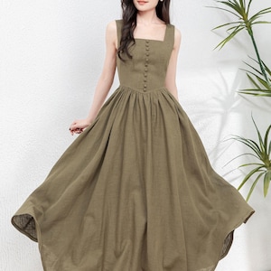 Sleeveless Linen Pinafore Dress, Square Neck Button Maxi Dress for Women, Army green dress, Swing linen dress, Summer dress, ylistyle C4763