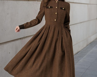 1940s Inspired Wool Midi Dress: Heritage Brown A-Line Winter Dress, Ylistyle C5194#
