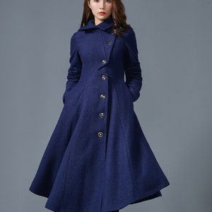 Hooded Wool Coat Women, Blue Wool Winter Coat, Asymmetric Long Wool ...