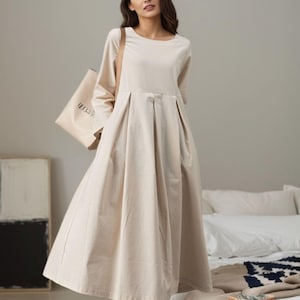 Loose Linen Midi Dress for Women - Long Sleeve A-Line Dress with Pleats, Maternity dresses, Casual linen dress, Custom dress, Ylistyle C3917