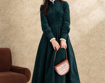 Corduroy Dress, Green Corduroy Midi Dress, A Line Dress, Corduroy