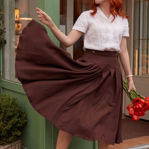 Linen skirt, Women linen midi skirt, Brown Pleated Skirt, High Waisted Linen Skirt, Retro Spring Fall skirt, Custom skirt, Ylistyle C2851#