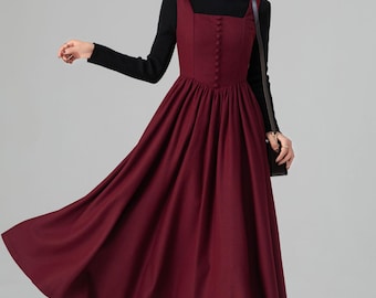 Burgundy Wool Pinafore Dress: Square Neck A-Line Midi, Ylistyle C5201