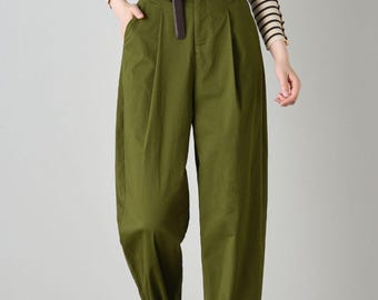 Green Cotton Tapered Pants: Elastic Back Waist Casual Harem Trousers, Ylistye C4700