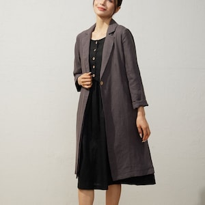 Cappotto di lino, giacca di lino Midi da donna, giacca di lino casual, giacca a maniche lunghe, giacca a camicia grigia, giacca di lino semplice, cappotto fatto a mano C3940 C1-Gray