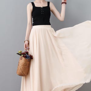Summer Bohemian Chiffon Circle Swing Maxi Skirt, Womens plus size Beige Chiffon Skirt, Casual outings, Custom beach skirt, Ylistyle C2307