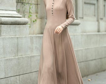 Knit A-line Long Dress, Wool-free Knit Dress, Camel Knit