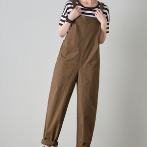 Women&#39;s Brown Cotton Overalls with elastic straps and Pockets, Casual Jumpsuits, Loose overalls, Spring overalls, ylistyle C4702