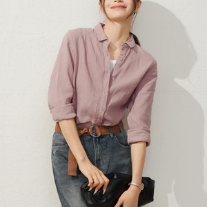 Linen Shirt, Pink Linen Shirt women, Long sleeves shirt, oversized shirt, linen work shirt, Button up shirt, Custom Shirt, Ylistyle C3939