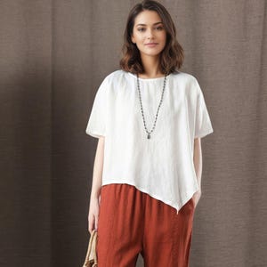 Linen Tops, Women&#39;s White Tops, Asymmetrical Tops, Irregular Linen Tops, Short Sleeve Tops, Summer Linen Tops, White T-shirt, Ylistyle C3214