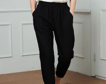 Classic Black pants, Long Linen pants, Casual Linen Pants with pockets, Elastic waist pants, Loose fit pants, Spring pants, Ylistyle C1466