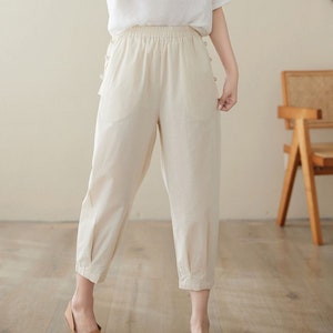 Women&#39;s linen pants, Casual Pants with pockets, Elastic Waist pants, Spring pants, Tapered Linen Pants, Wide Leg Linen Pants, Ylistyle C3969