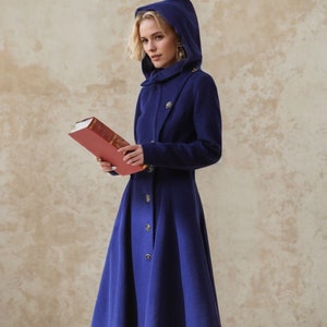 Hooded Wool Coat Women, Blue Wool coat, Long wool coat, Womens coat, Winter coat women, Asymmetric wool coat, handmade coat, Ylistyle C1780