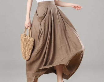 Linnen maxirok, kaki asymmetrische rok met zakken, Ylistyle C3272