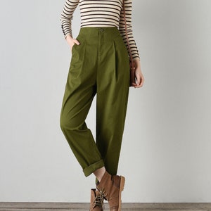 Fall Casual Green Cotton Harem Pants, Womens Tapered Pants, Elastic Waist Cotton baggy pants, Womens oversized trousers, Ylistye C4700