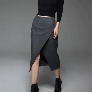 Falda tubo asimétrica de lana gris, ropa formal de oficina, Ylistyle C763