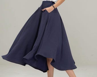 Linen Swing Skirt, Midi A-line Skirt, Navy Blue Linen Skirt