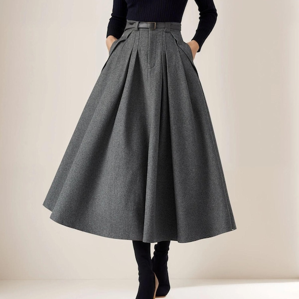 Gray Wool Skirt, Midi Skirt Women, Pleated Skirt, High Waisted Skirt, Flare Skirt, Winter Warm Skirt, Swing Skirt, Handmade Skirt C3553