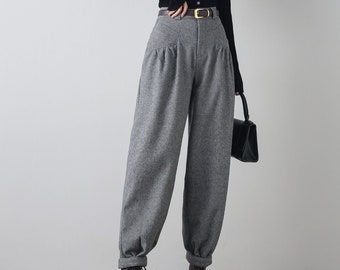 Pantalones de lana gris, pantalones de mujer, pantalones anchos, pantalones harén para mujer, pantalones holgados, pantalones de cintura alta, pantalones de otoño, pantalones a medida, Ylistyle C4345