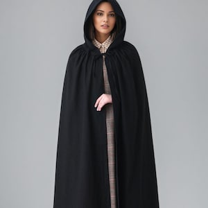 Black Linen Cape Cloak, Medieval Hooded Cape Cloak, Lightweight Linen & Cotton Ankle Length Cloak with Hood, Custom Cloak, Ylistyle C5149#