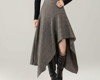 Asymmetric Wool Wrap Skirt - A-line Midi for Autumn and Winter