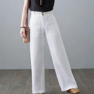 ショップレビュー ランキング Women, for Pants Linen Leg Wide White Causal Button Zipper パンツ
