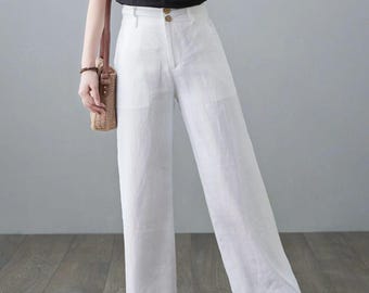 新作商品 White Wide Button Zipper Causal Women, for Pants Linen Leg パンツ
