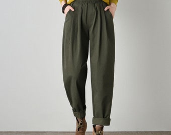 Army Green Cotton Harem Pants: Women Elastic Waist Loose Tapered Trousers, Ylistye C4701