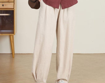 Spring Casual Linen Pants for Women, Relaxed Fit pants, Beige tapered Pants, full length harem pants, Custom plus size pants, ylistyle C4726