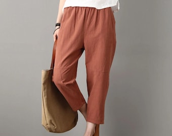 Linen pants, Elastic Waist Linen cropped Pants, Women tapered Pants, Casual Trousers, Women linen trousers, Plus Size Pants C1805